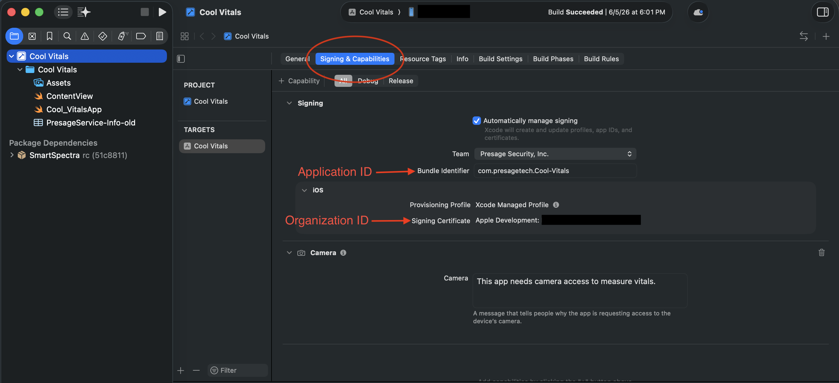 Signing & Capabilities view showing where Xcode exposes the Bundle Identifier for the Application ID and the signing identity used to look up the Organization ID