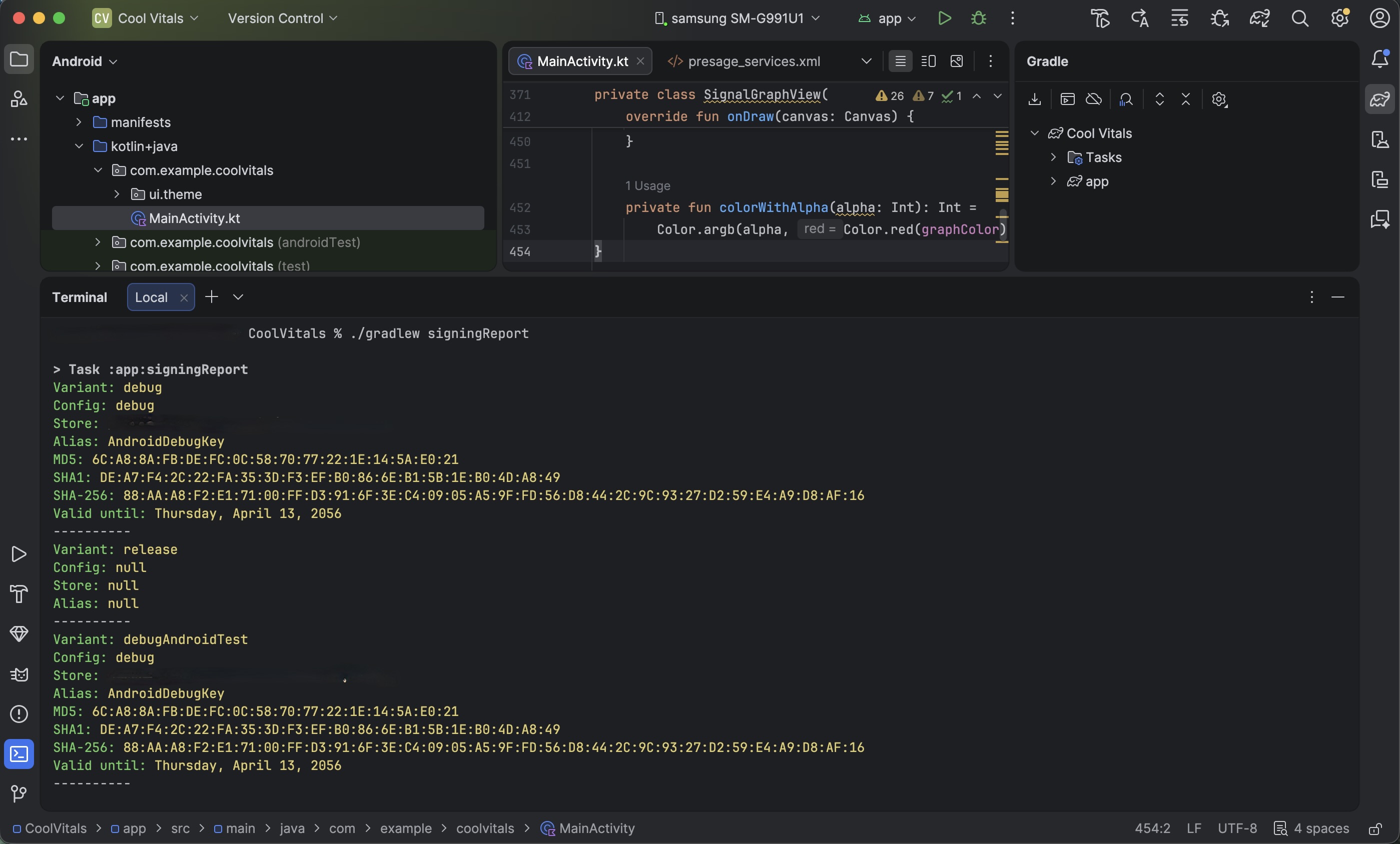 Android Studio signing report showing the SHA-256 fingerprint